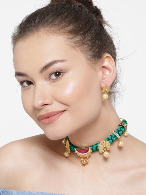 

YouBella Green & Gold-Toned Stone-Studded Braided Jewellery Set