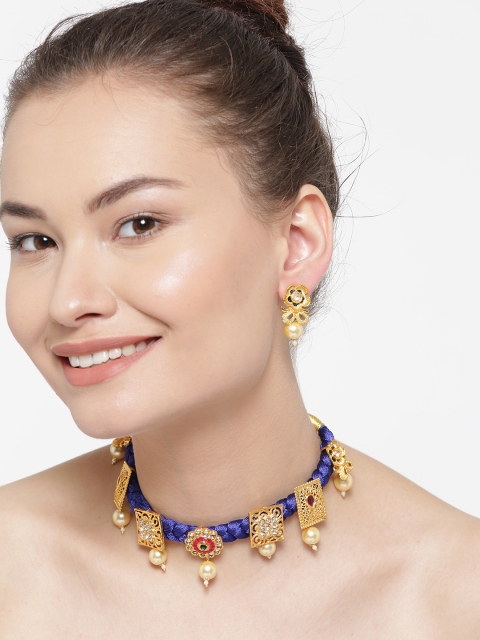 

YouBella Blue & Gold-Toned Stone-Studded Beaded Jewellery Set
