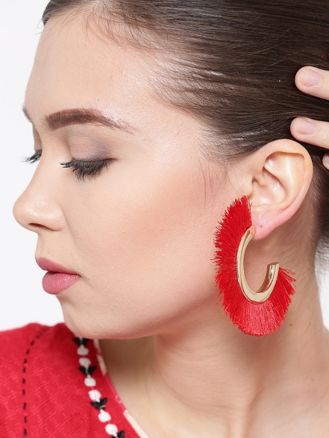 

Blueberry Red & Gold-Toned Tasselled Half-Hoop Earrings
