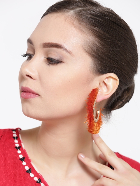 

Blueberry Orange & Gold-Toned Tasselled Half-Hoop Earrings