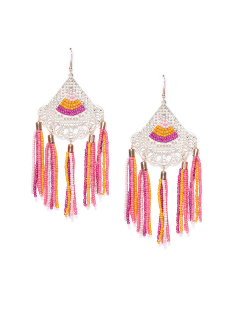 

Blueberry Gold-Toned & Pink Tasselled Beaded Drop Earrings