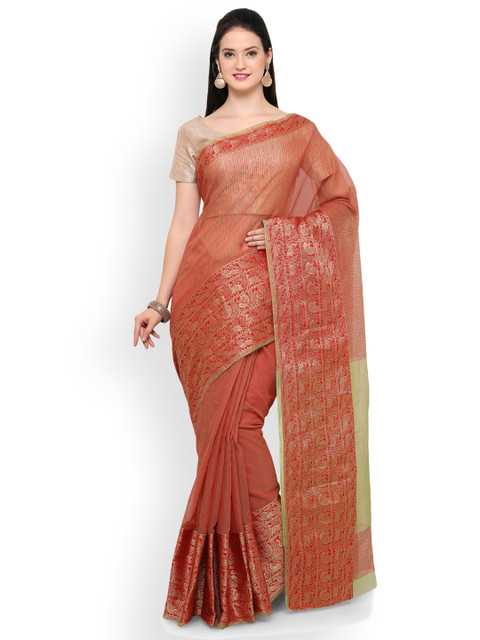 

Saree mall Rust Red Silk Blend Striped Chanderi Saree
