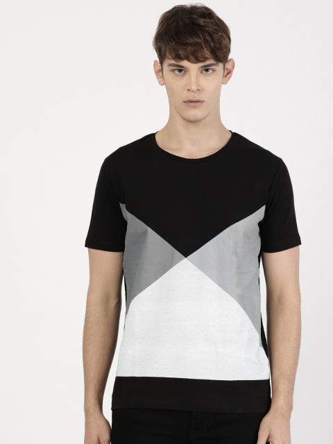 

ether Men Black Grey Colourblocked Round Neck Pure Cotton T-shirt