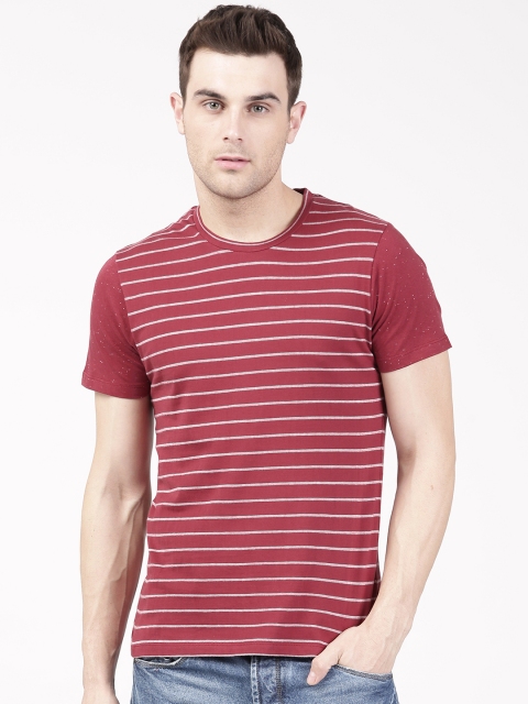

ether Men Maroon & White Striped Round Neck T-shirt