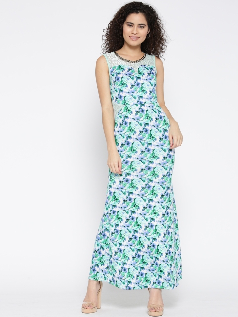 

Madame Women Green & White Printed Maxi Dress