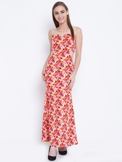 

Madame Women Cream-Coloured & Pink Printed Maxi Dress