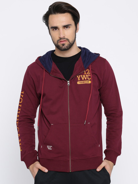 

YWC Men Maroon Solid Hooded Sweatshirt
