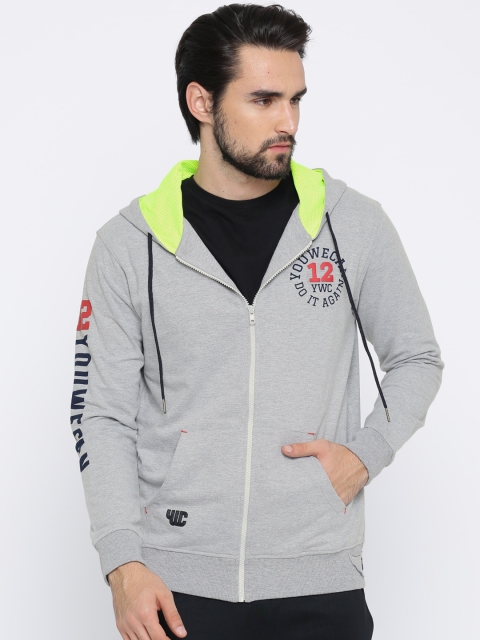 

YWC Men Grey Solid Hooded Sweatshirt