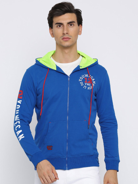 

YWC Men Blue Solid Hooded Sweatshirt