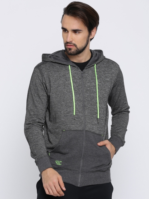 

YWC Men Charcoal Grey Self-Design Hooded Sweatshirt