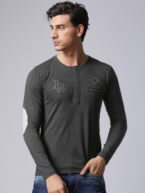 

YWC Men Charcoal Grey Solid Henley Neck T-shirt