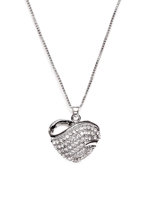 

OOMPH Silver-Toned Heart-Shaped CZ Stone-Studded Pendant With Chain