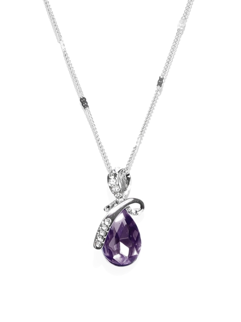 

OOMPH Silver-Toned & Purple CZ Stone-Studded Pendant With Chain