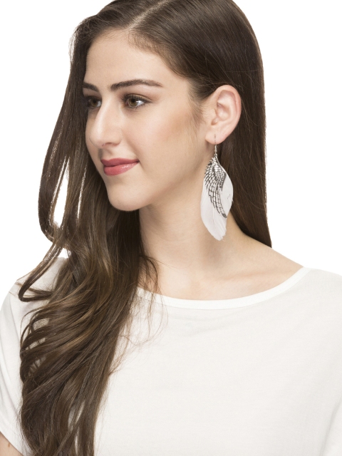 

OOMPH Silver-Toned & White Feather Shaped Drop Earrings