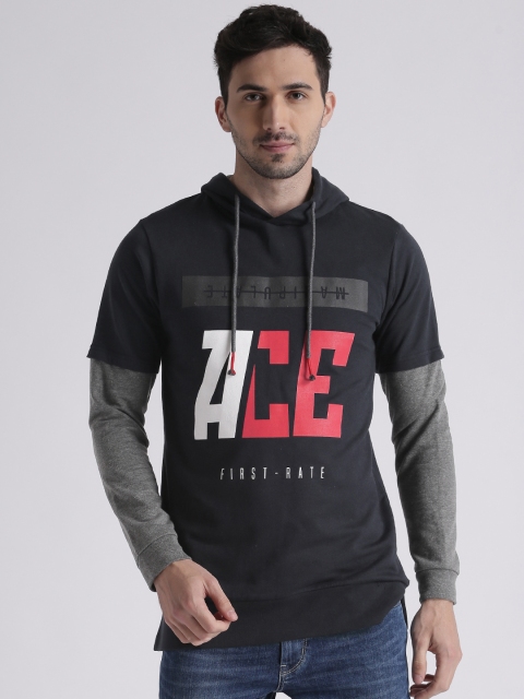 

Splash Men Navy Blue Printed Hooded Sweatshirt