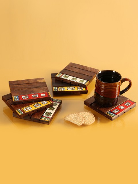

ExclusiveLane Brown 6 Pieces Border Line Tribal Square Shesham Wood Warli Handpainted Coaster Set
