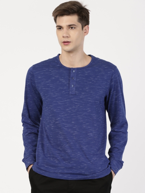 

ether Men Navy Blue Henley Neck T-shirt with Slub Effect