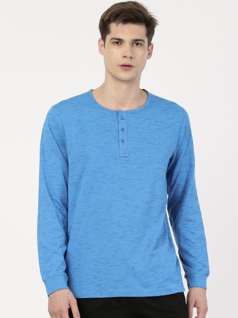 

ether Men Blue Solid Henley Neck T-shirt with Slub Effect