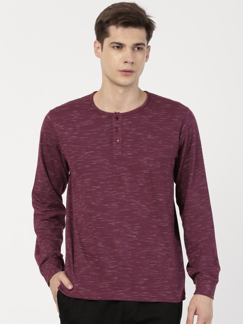 

ether Men Burgundy Henley Neck T-shirt with Slub Effect