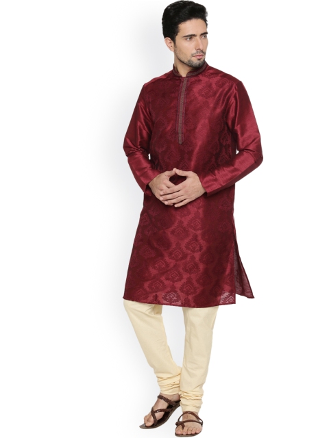 

indus route by Pantaloons Men Maroon Woven Design Straight Kurta