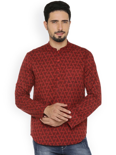 

indus route by Pantaloons Men Rust Red Printed Straight Short Kurta