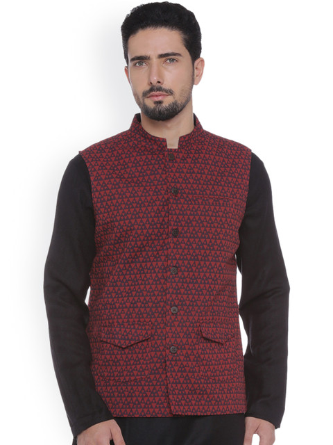 

indus route by Pantaloons Rust Orange & Navy Printed Nehru Jacket