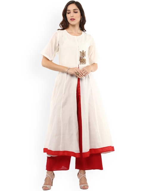 

Bhama Couture Women Cream-Coloured & Red Embroidered Kurta with Palazzos