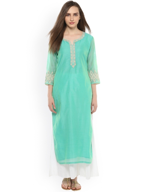 

Bhama Couture Women Turquoise Blue & White Embroidered Kurta with Palazzos