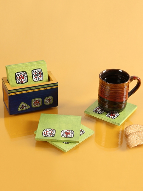 

ExclusiveLane Set of 6 Green Hand-Painted Square Wooden Coasters with Stand