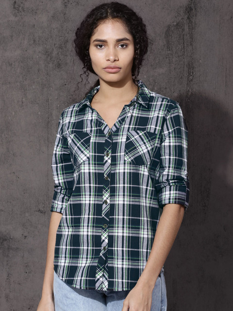 

Roadster Women Navy Blue & Green Slim Fit Checked Casual Shirt