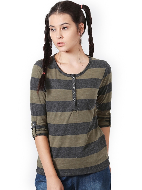 

People Women Grey Striped Henley Neck T-shirt