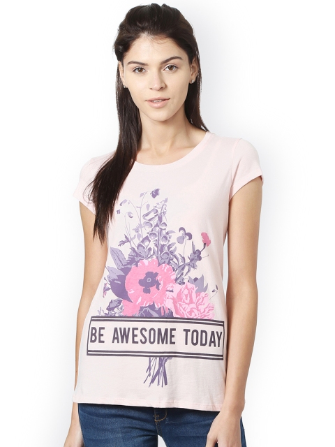 

People Women Pink Printed Round Neck T-shirt