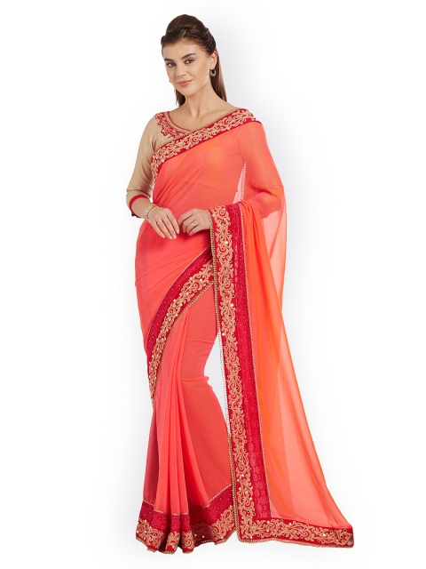 

Indian Women Orange & Orange Pure Georgette Embellished Saree