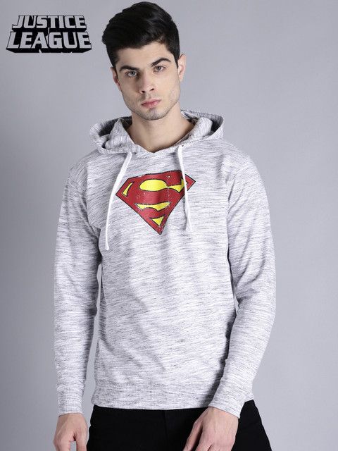 

Justice League Men Grey Melange Self Design Hooded Sweatshirt