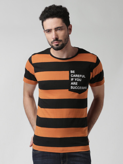 

Blue Saint Men Orange Striped Round Neck T-shirt