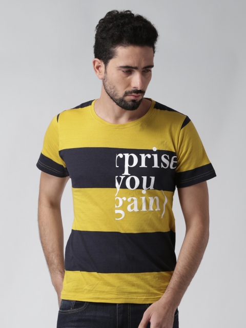 

Blue Saint Men Mustard Yellow & Black Striped Round Neck T-shirt