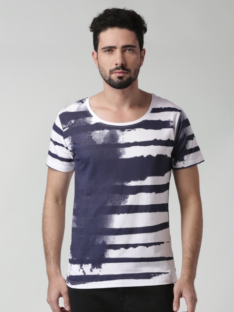 

Blue Saint Men Navy & White Striped Round Neck Slim Fit T-shirt, Navy blue
