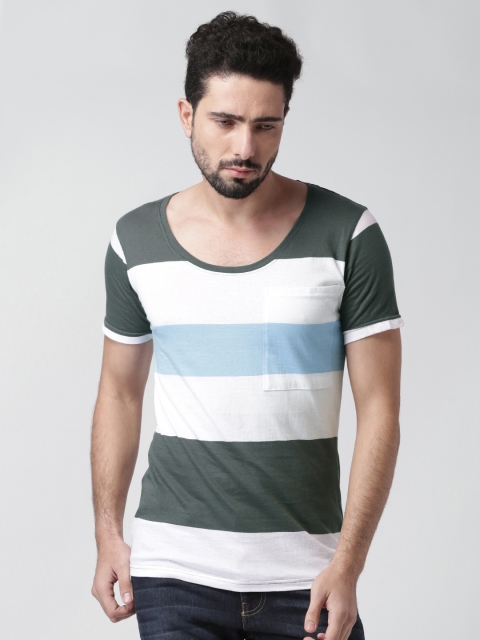 

Blue Saint Men White & Olive Green Colourblocked Round Neck Slim Fit T-shirt