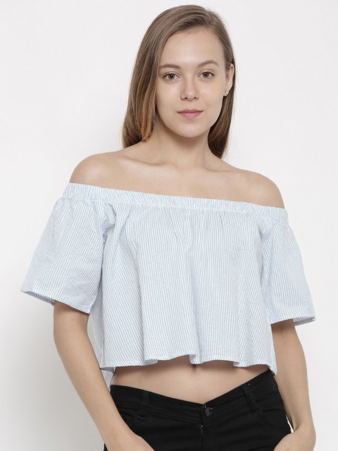 

pink woman Women White & Blue Striped Bardot Top