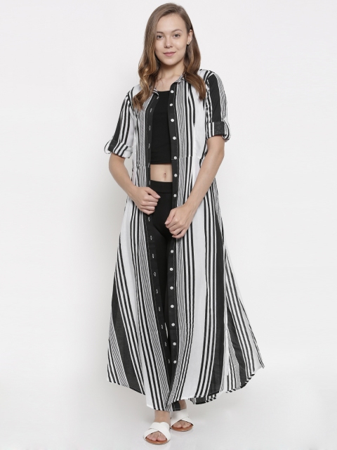 

pink woman Women Black & White Regular Fit Striped Longline Casual Shirt