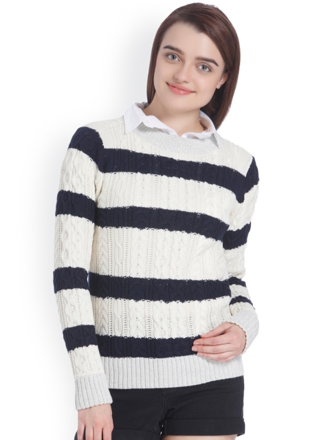 

Vero Moda Women Cream-Coloured & Navy Blue Striped Pullover