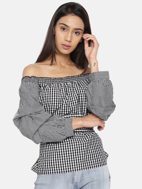 

Vero Moda Women Black Checked Bardot Pure Cotton Top