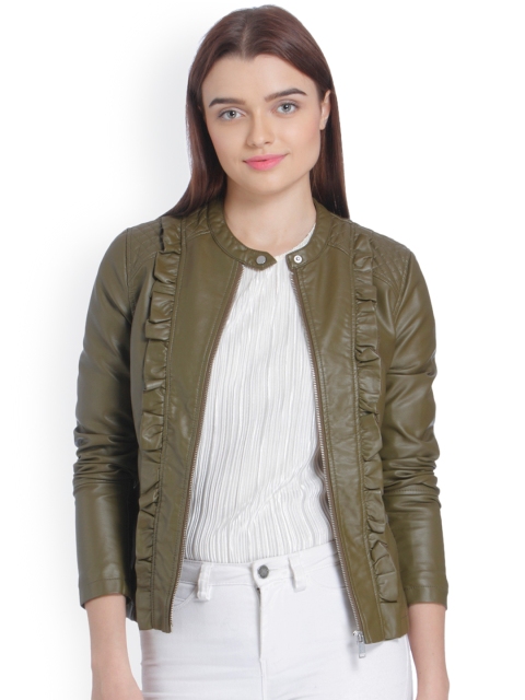 

Vero Moda Women Olive Green Solid Biker Jacket