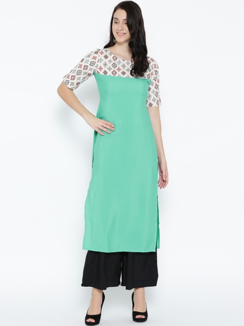 

GERUA Women Sea Green & Off-White Printed Detail Crepe Straight Kurta