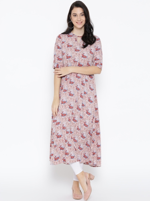 

GERUA Women Pink & Blue Floral Print A-Line Kurta