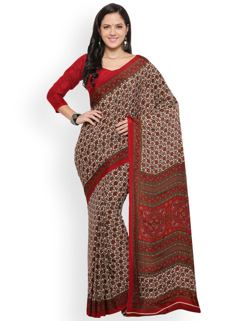 

Blissta Beige & Red Pure Crepe Printed Saree