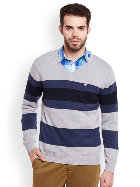 

Duke Men Grey Melange & Navy Blue Striped Pullover