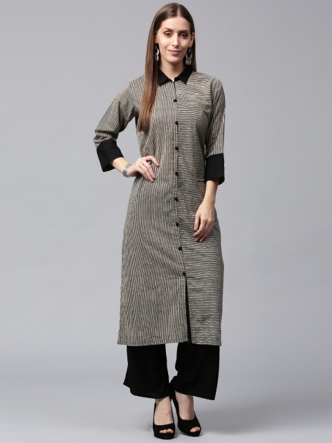 

Nayo Women Black & Cream-Coloured Striped Straight Kurta