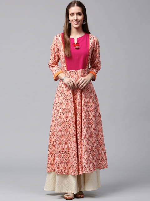 

Nayo Women Orange & Off-White Printed Cold-Shoulder Anarkali Kurta