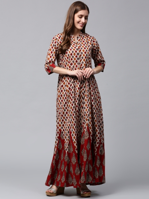 

Nayo Women Beige & Maroon Printed Anarkali Kurta